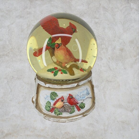 CHRISTMAS SNOW GLOBE -- Musical, Red Cardinals, Holly, Plays "We Wish You Merry" - Picture 4 of 7